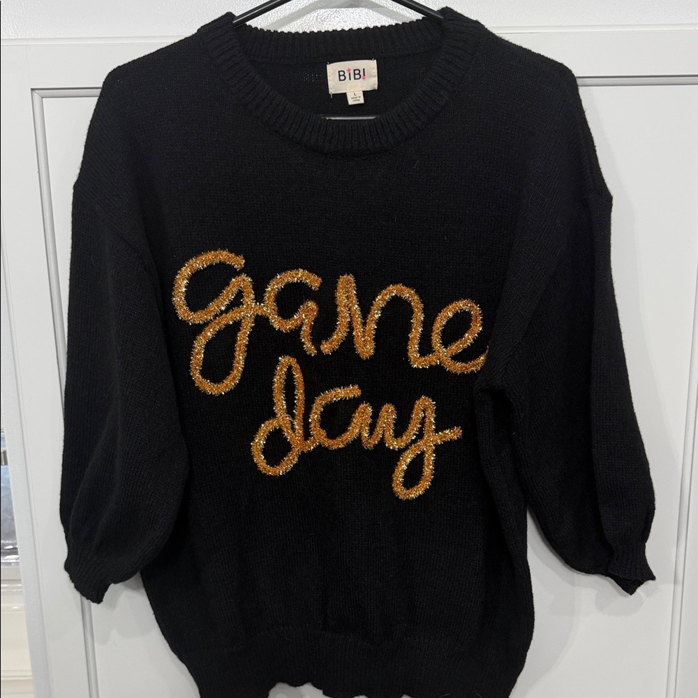 BiBi It's Game Day Black/Gold Puff Sleeve Sweater Size Large - Picture 2 of 7